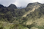 Inca Trail, mountain scenary with the ruins of Sayacmarca